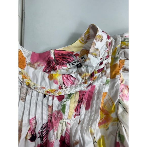 Fairhope Floral Ruffle Sleeve Top Pintuck Detail White Pink Yellow M - Picture 4 of 11